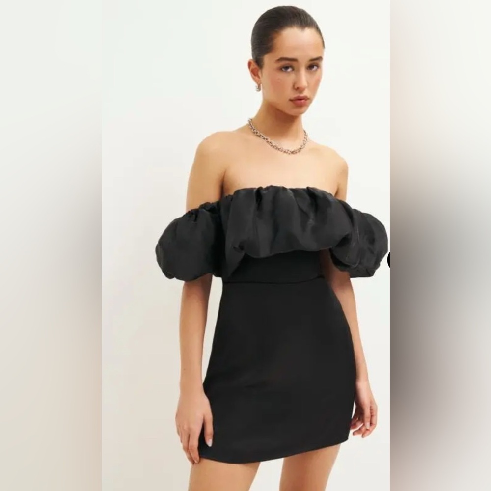 REFORMATION Alber Black Satin Off The Shoulder Mini Cocktail Dress M - Picture 10 of 11